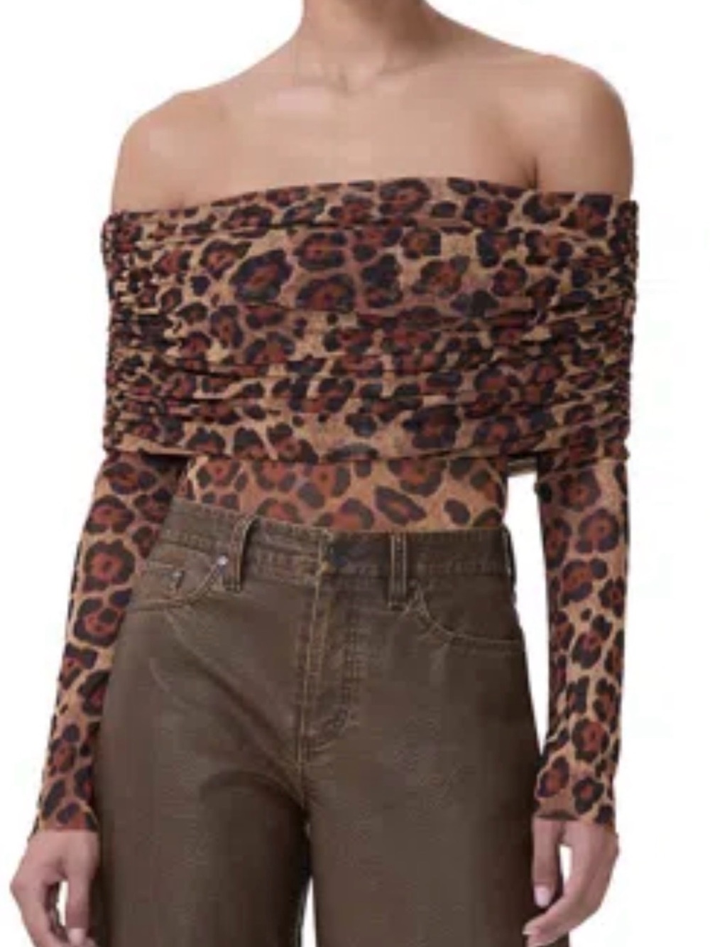 AFRM Leopard Print Off-Shoulder Long Sleeve Crop Top - Brown